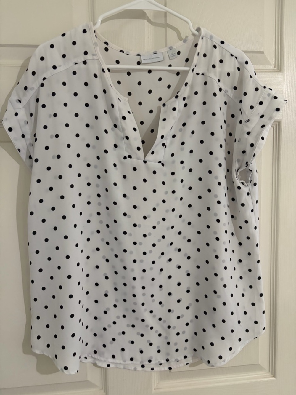 New York & Company XL Polka Dot Blouse Black White Short Sleeve Top